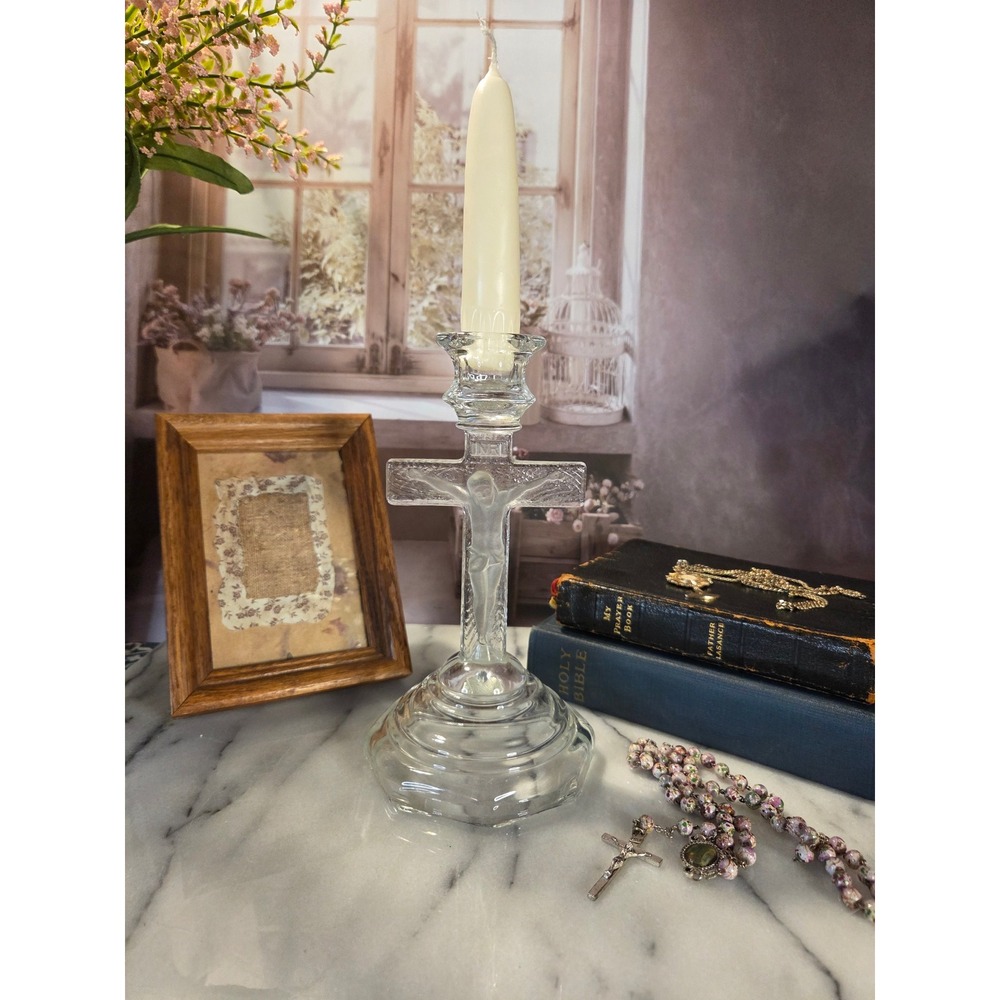 Vintage Glass‎ Crucifix Candle HolderJesus Religious Decor Altar